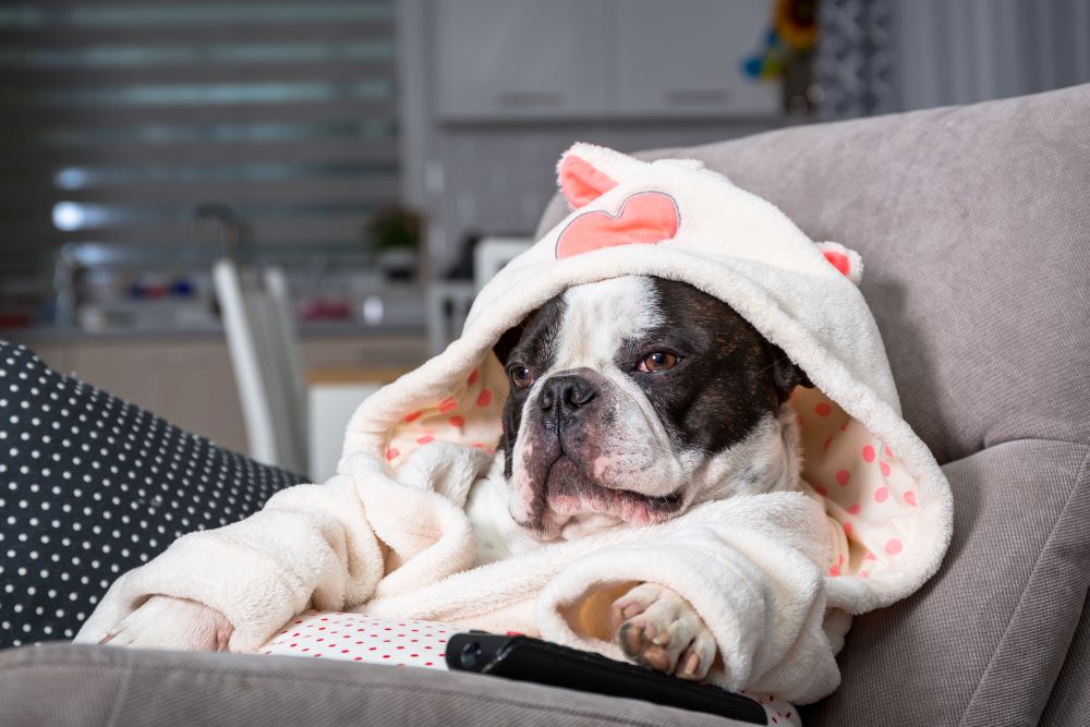 Dog sitting on a couch with its paw on the television remote