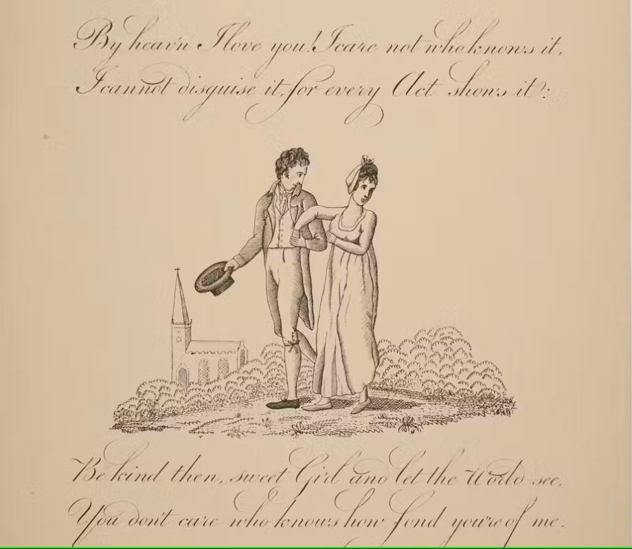 A sketch showing a man and a woman walking arm in arm