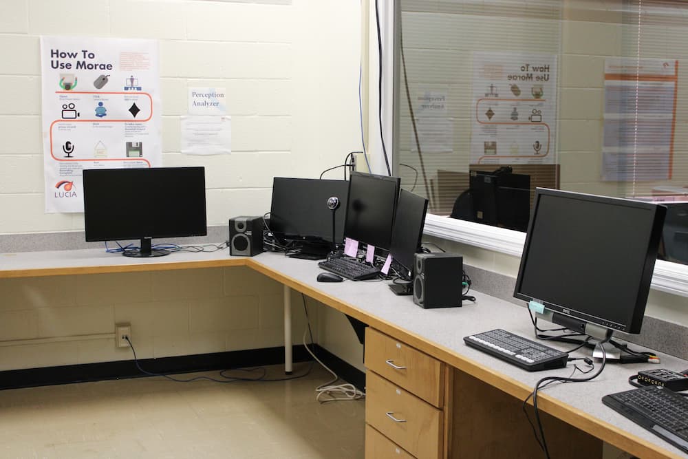 A photo of the LUCIA lab's control room, 1204, where the LUCIA team works during usability testing. 
