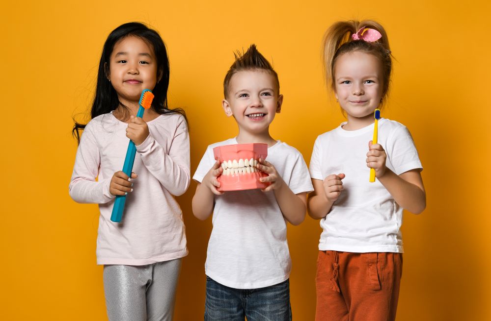 Kids holding toothbrushes and model teeth