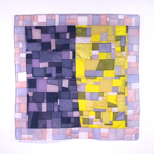 Artwork by Julia Kwon: Nearly half of Asian Americans and Pacific Islanders in the US have experienced discrimination or unfair treatment that may be illegal (according to Stop AAPI Hate’s May 2023 Report), 2024, Korean silk, sewn in the format of Korean object-wrapping cloth called bojagi, 37 x 37 inches