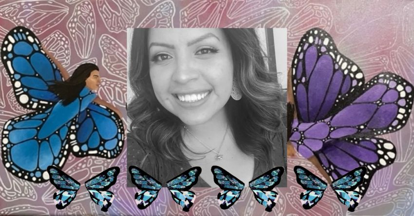 Danielle Fixico surrounded by illustrations of butterflies