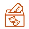 Orange outlined illustration of a box with theatre masks and a ticket going into a slot