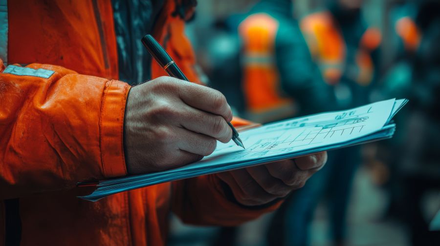 a hand holding a pen and writing on a clipboard