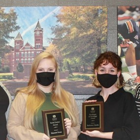 Pictured left to right: Assistant Professor Makeela Wells, Hannah Evans, Katherine Hardin and Undergraduate Program Director Natalia Ruiz-Junco