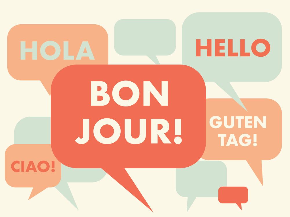 Speech bubbles with common phrases in different languages
