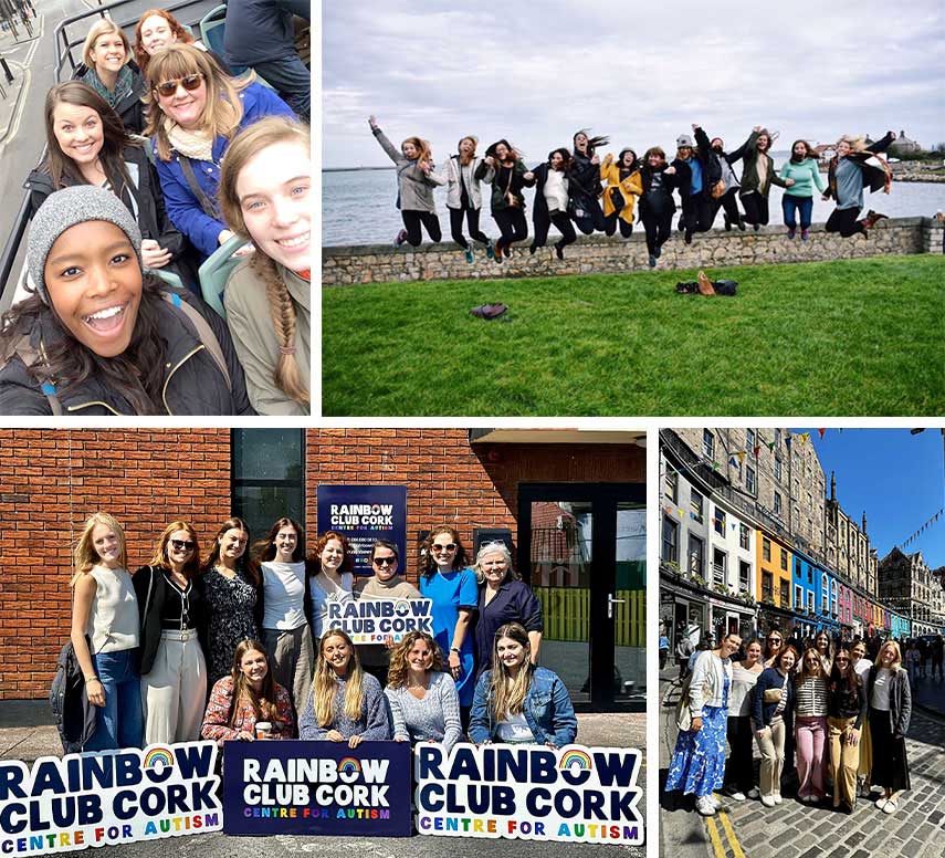 Collage of study abroad images. First image, students taking a selfie on a bus. Second image students jumping at the same time. Third image of students outside Rainbow Cork Club Centre for Autism. Fourth image of students standing on a colorful urban street.