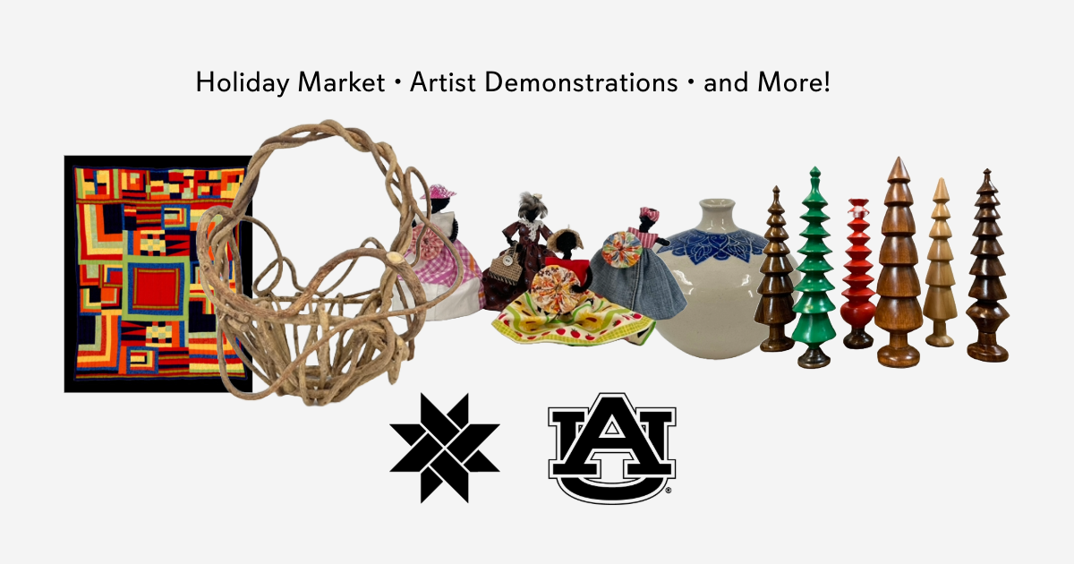 Black Belt Treasures Holiday Market poster featuring baskets, dolls and artwork