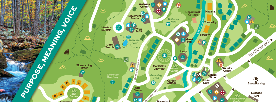 Graphic map of a forest, trees, and mountains with the words &quot;sanctuary, love, community&quot;