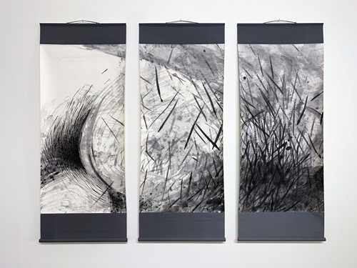 Image, courtesy of the artist: KuroKuroShiro Kami Stories II, 2022-3, sumi on rice paper mounted on kakejiku, 68.5 × 90 inches