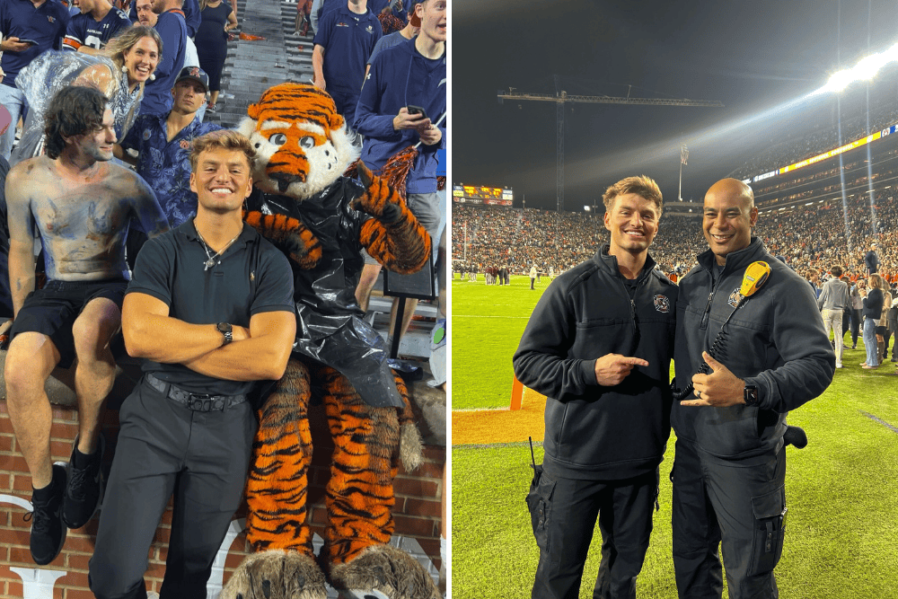 zack melton poses with aubie and with a fellow emergency service worker