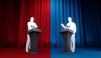 Silhouettes of two men behind podiums, one standing in front of a red curtain and one standing in front of a blue curtain