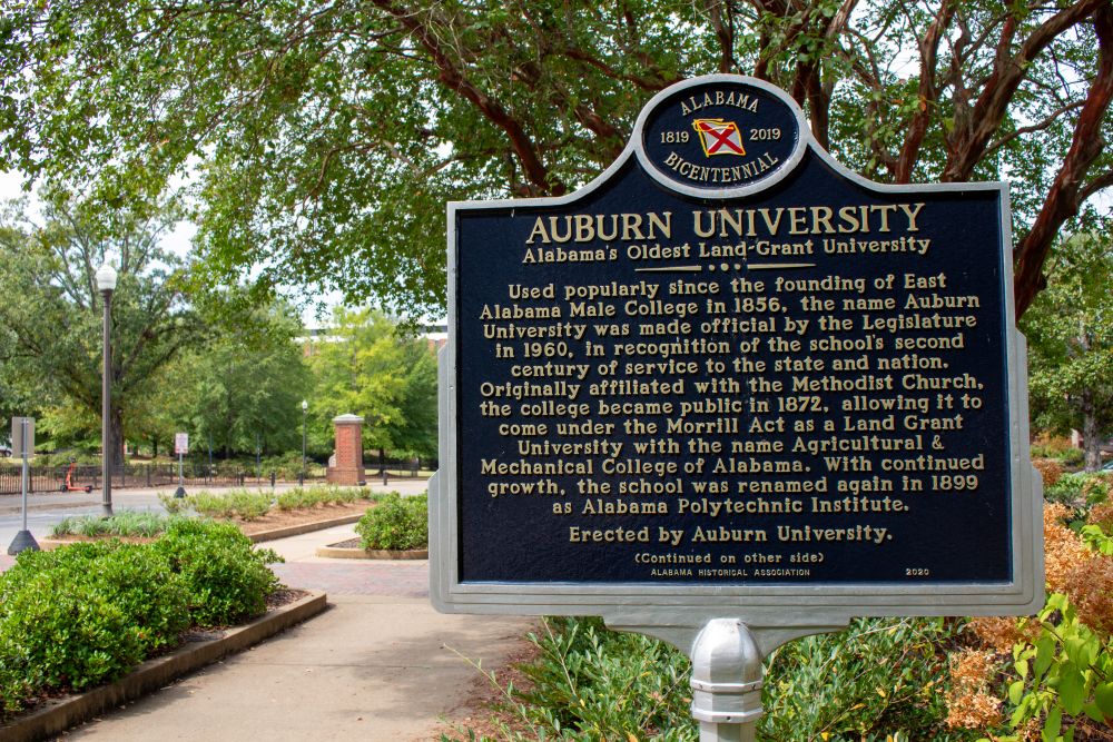 Historical marker telling the story of Auburn University, placed by the Alabama Historical Association