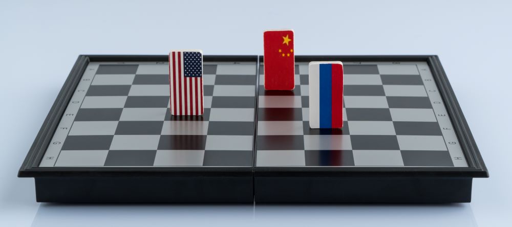 US, China and Russia flags as pieces on a chess board