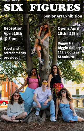 Exhibition poster showing the six featured students by a tree near Biggin Hall.