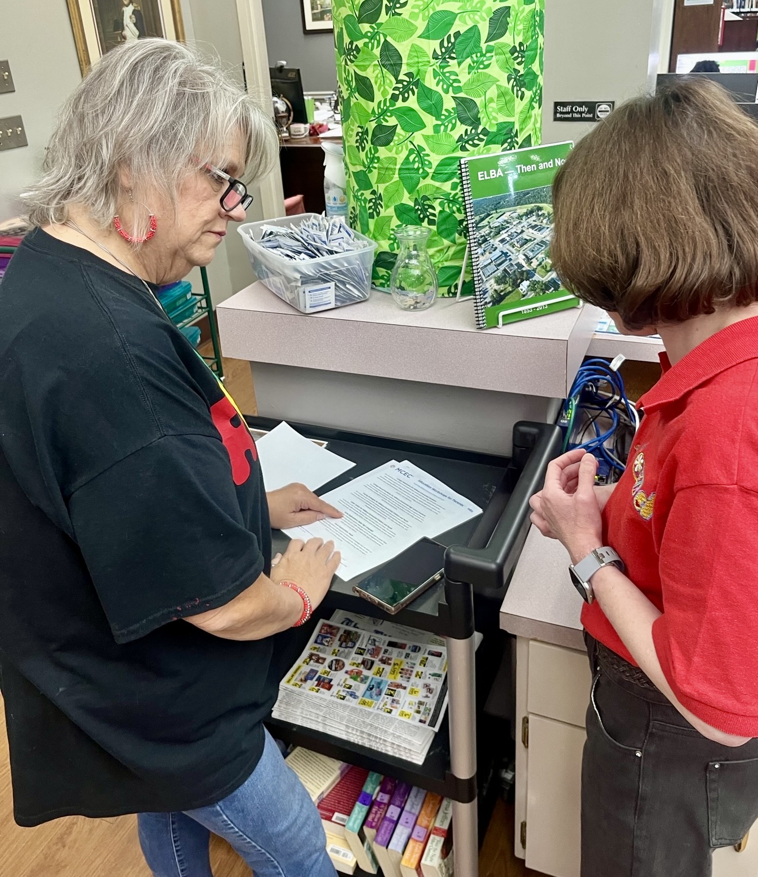 Librarian Jennifer Amlong, left, talks with circulation clerk Amy Willis at the Elba Public Library.