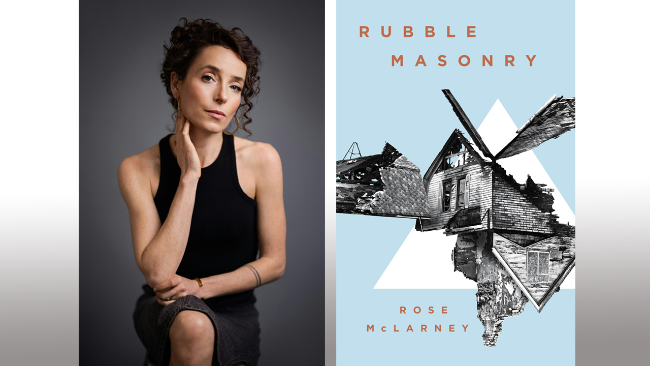 Rose McLarney and her book, Rubble Masonry, which features a black and white dilapidated house's reflection