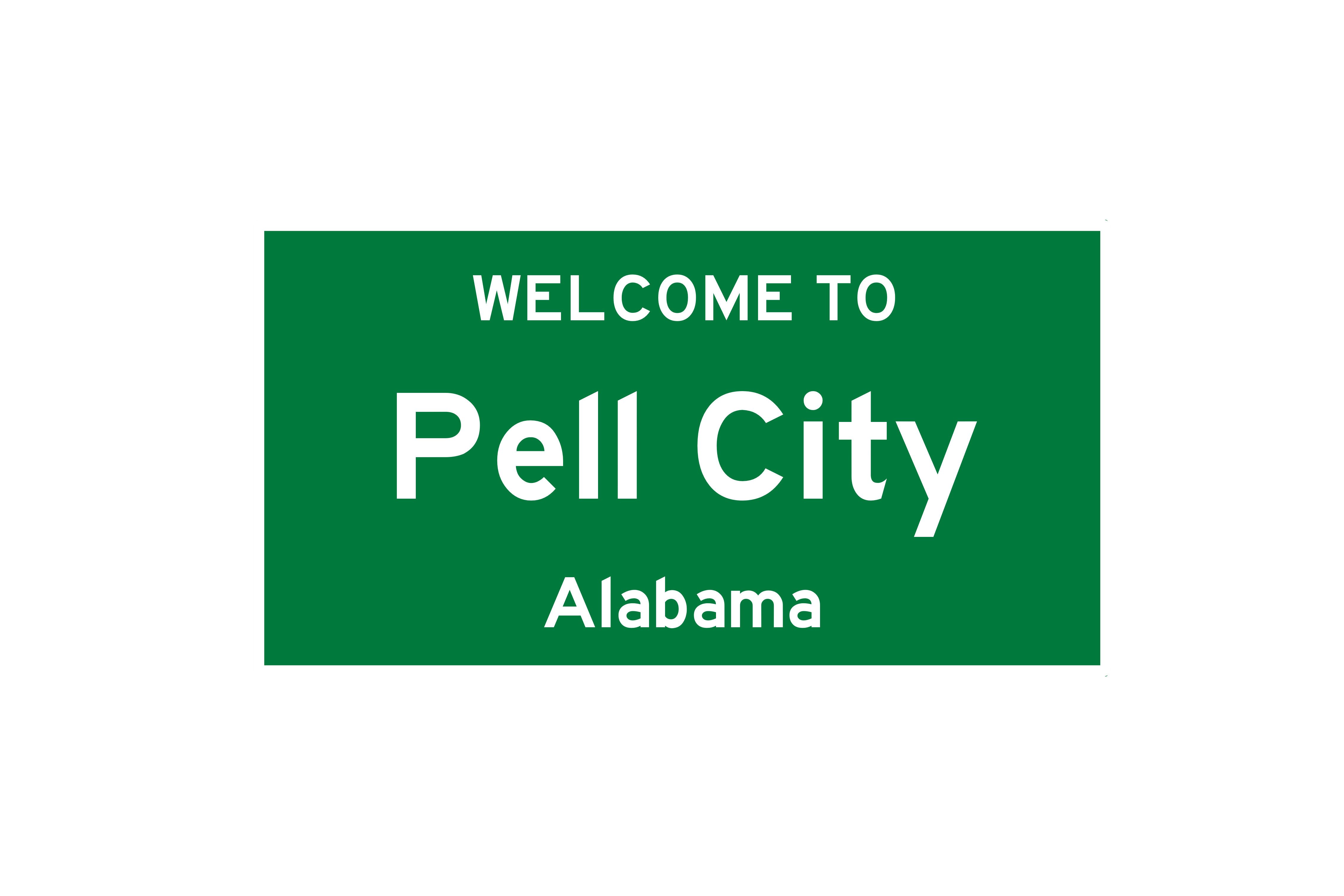 The words Welcome to Pell City Alabama on a green background