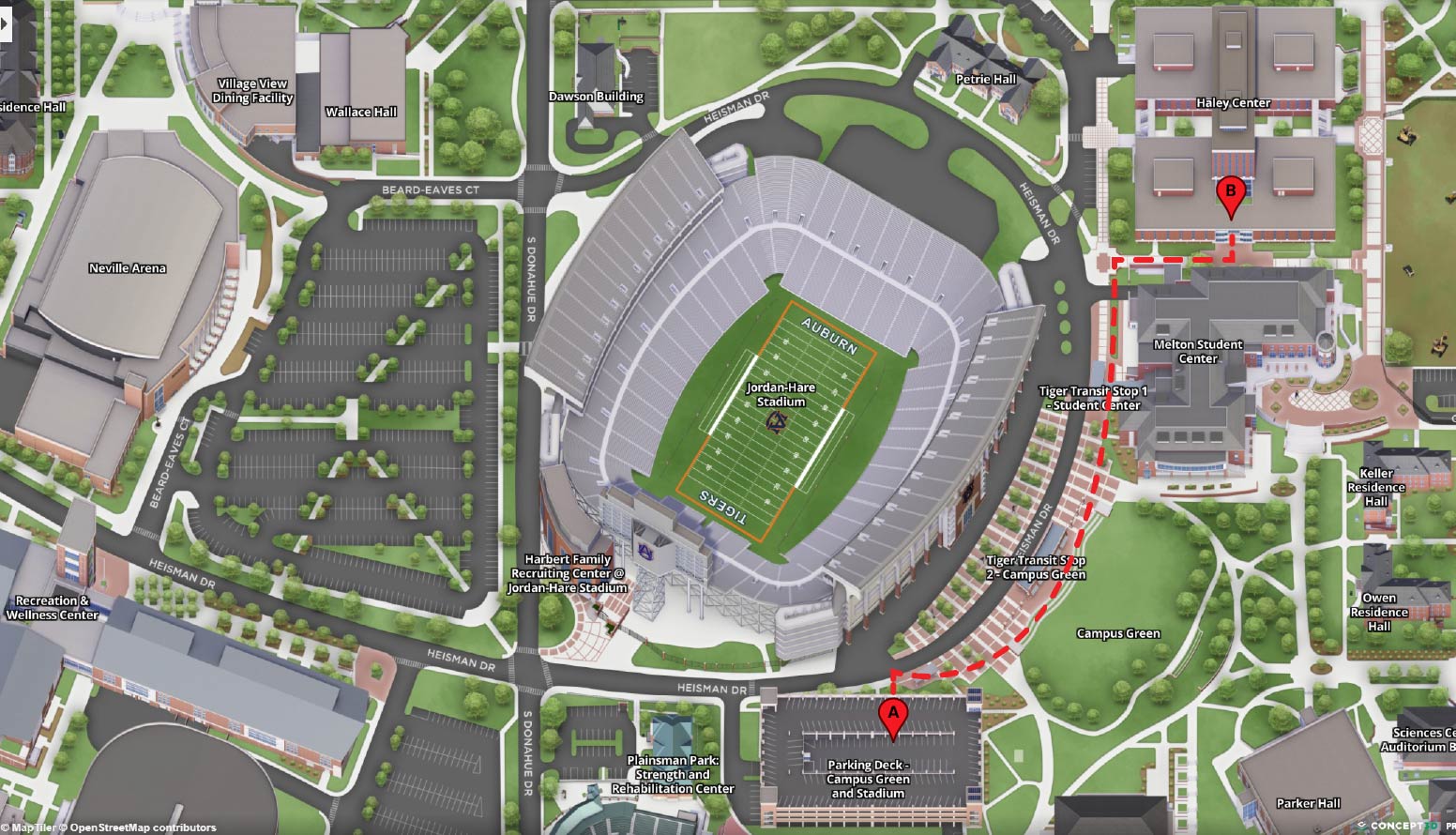 A campus map of Auburn Unviersity that shows how to get from Point A (the Stadium Parking Deck) to point B (the Haley Center where the LUCIA lab is located).