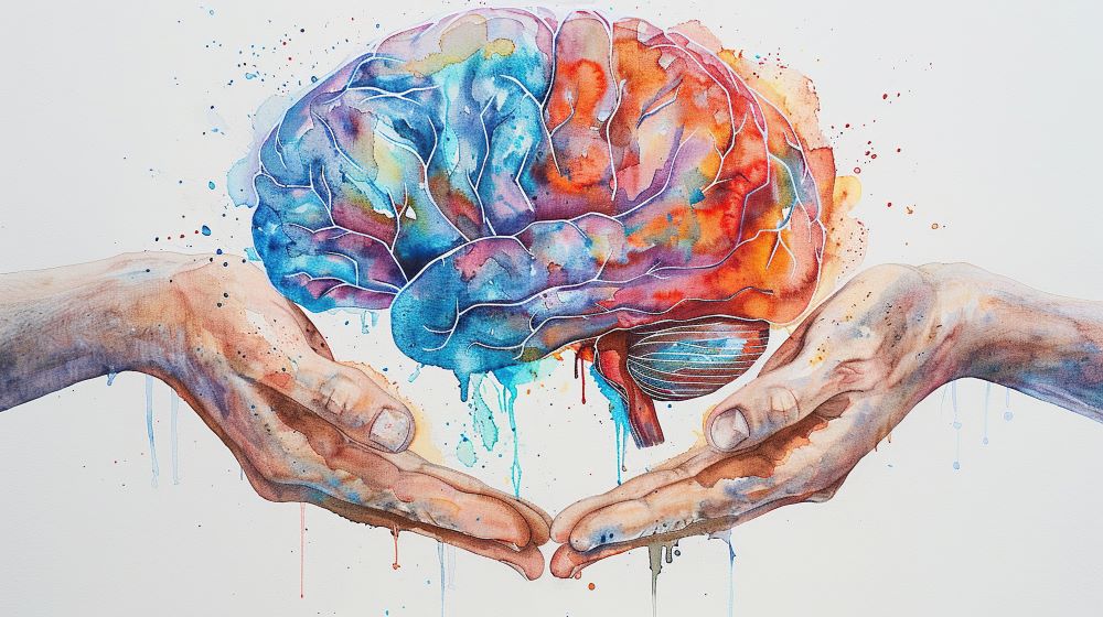 Watercolor painting of two hands holding a brain