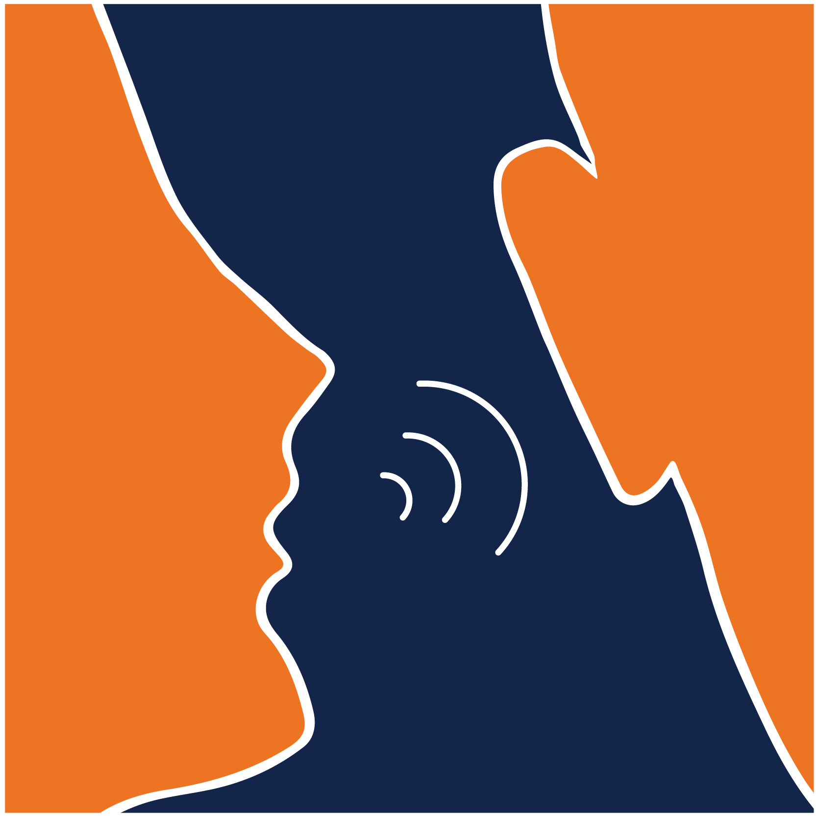 Graphic of person speaking into another person's ear