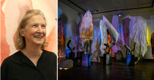Left: Photograph of Sara Garden Armstrong; right: image of sculptural installation artwork by Sara Garden Armstrong.