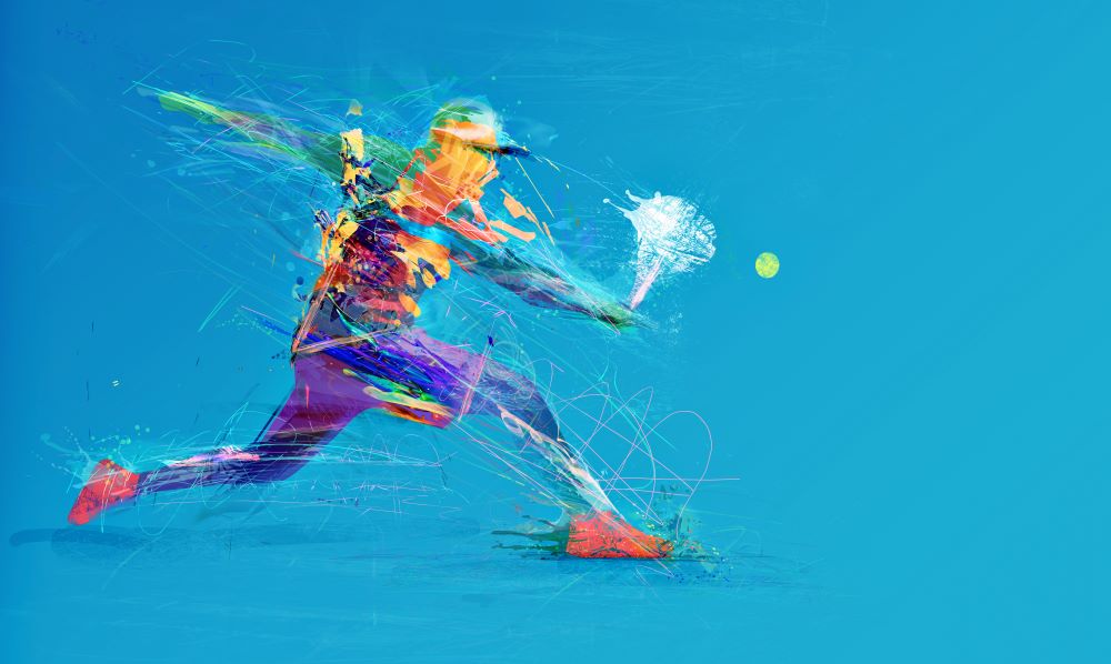 Illustrated tennis player swinging at ball