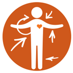 Round orange icon with white graphics of hand-drawn arrows and a person's body with an orange heart