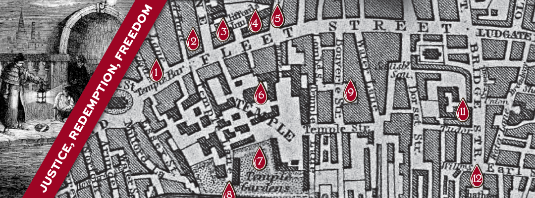 Composite image with an 1800s engraving of a Westminster bridge alcove, a vintage map of Fleet Street in London, and a red banner that reads, &quot;JUSTICE, REDEMPTION, FREEDOM&quot;