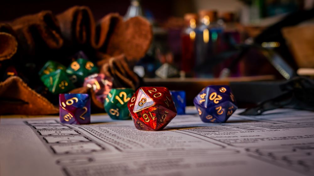 Dice rolling across a Dungeons and Dragons character sheet