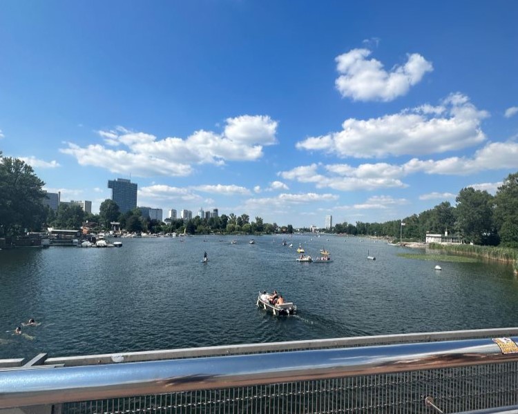 Vienna skyline and sailing boats on a clear day