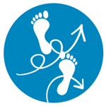 Round blue icon with white graphic of footprints and hand-drawn arrows