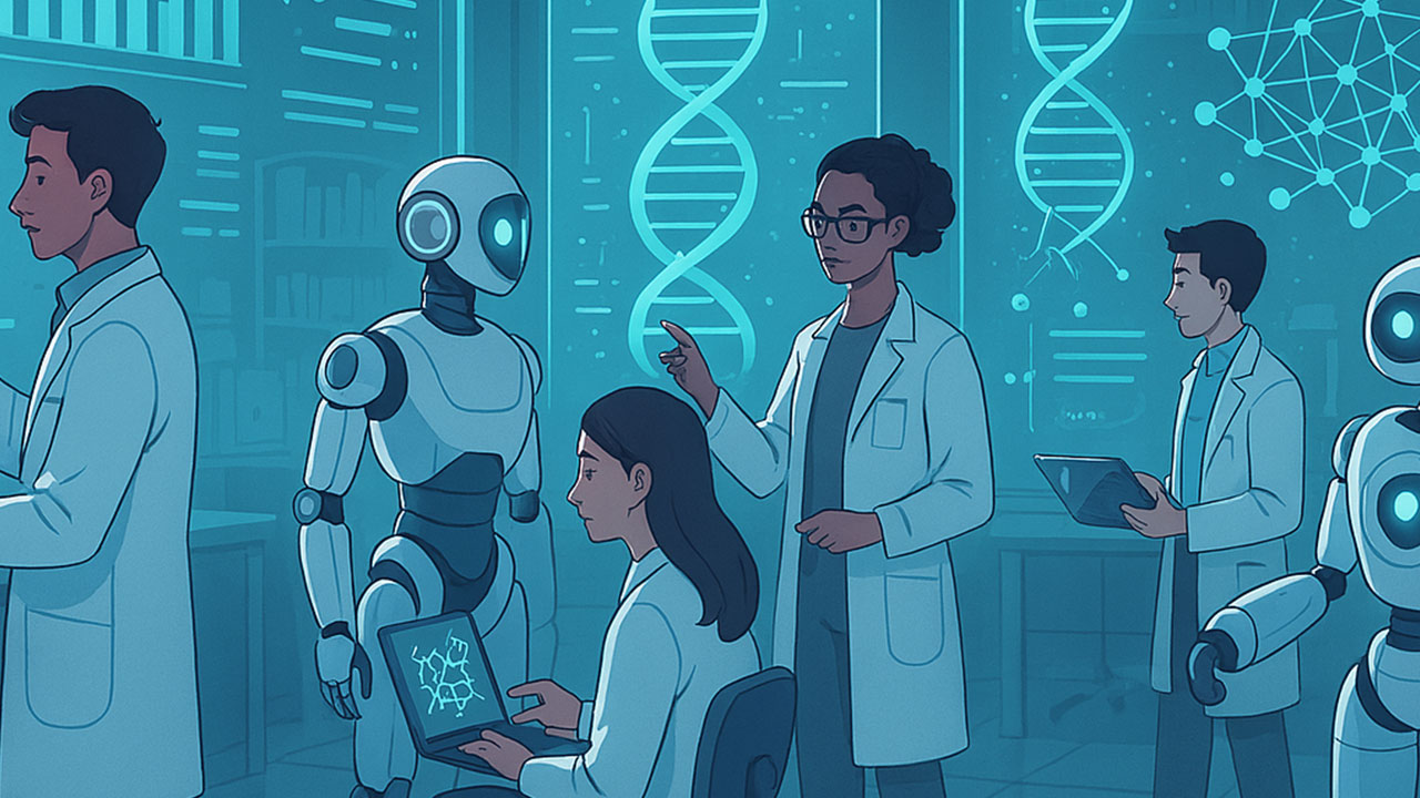 A graphic showing researchers using AI in a lab