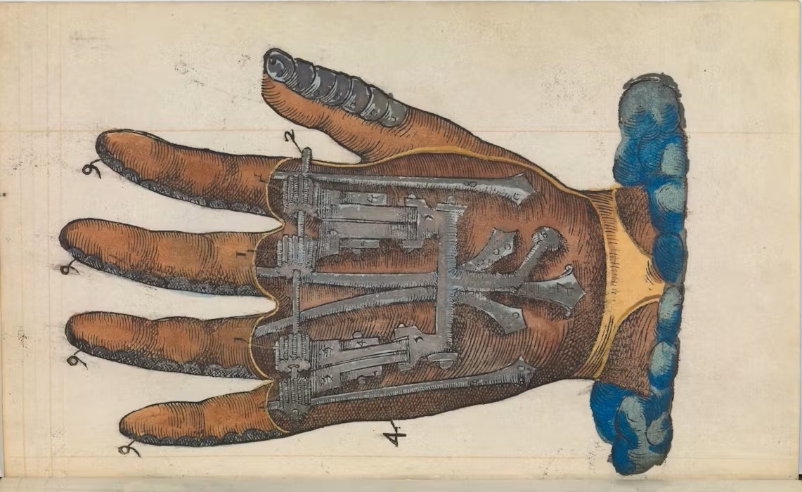 Diagram of a mechanical iron hand from the 16th century