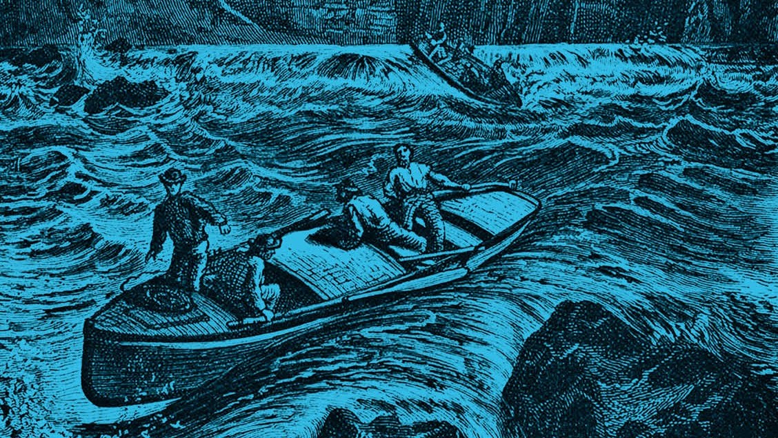 Antique, black and blue illustration of men on boats fighting crashing waves