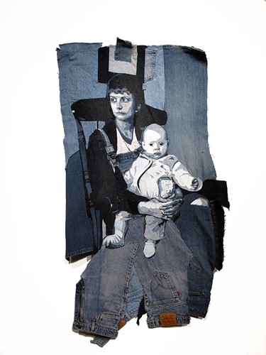Portrait of a woman and an infant made out of denim in varying shades of blue.