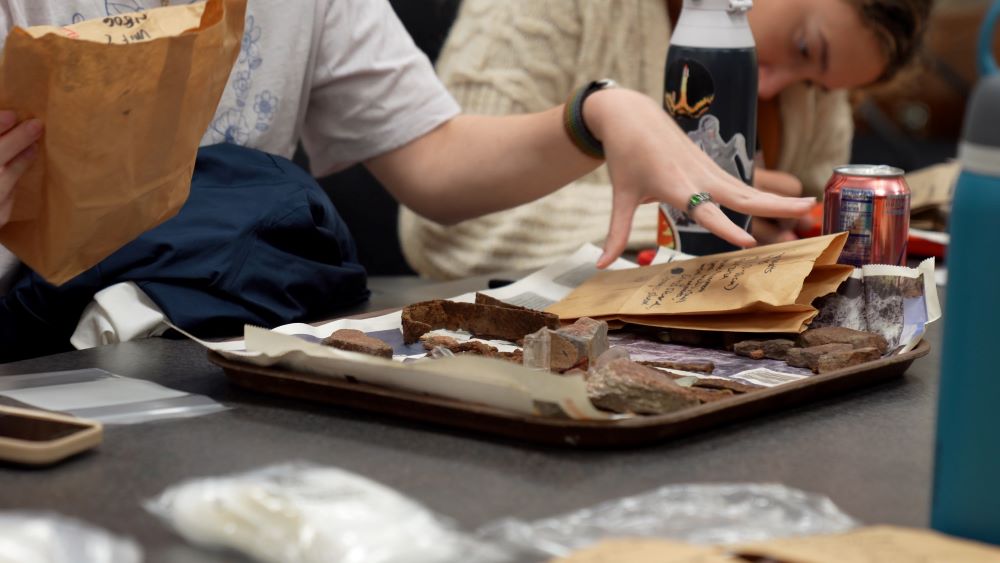 Students sorting and labeling artifacts taken from field school