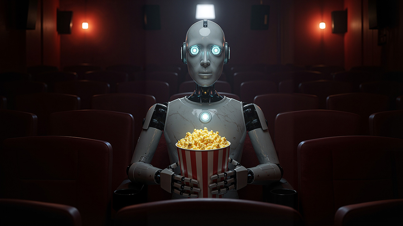 A robot holding a bucket of popcorn inside a dark movie theater