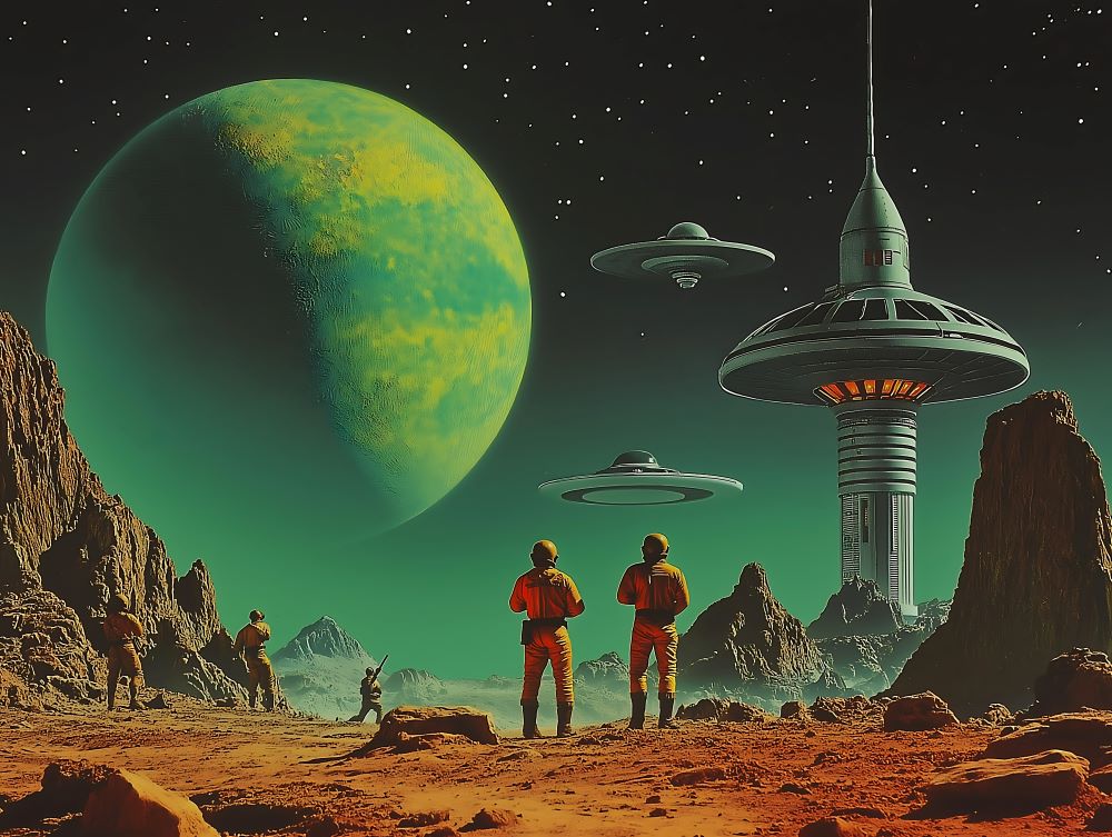 Retro poster of an alien planet with rocket ships and a giant green moon