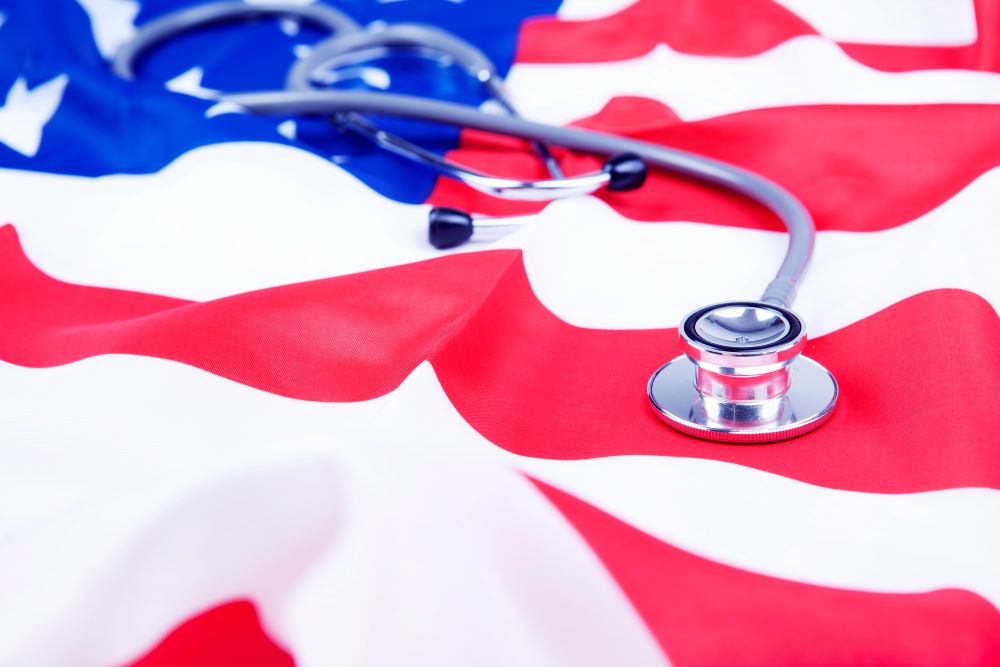 A stethoscope lying on an American flag