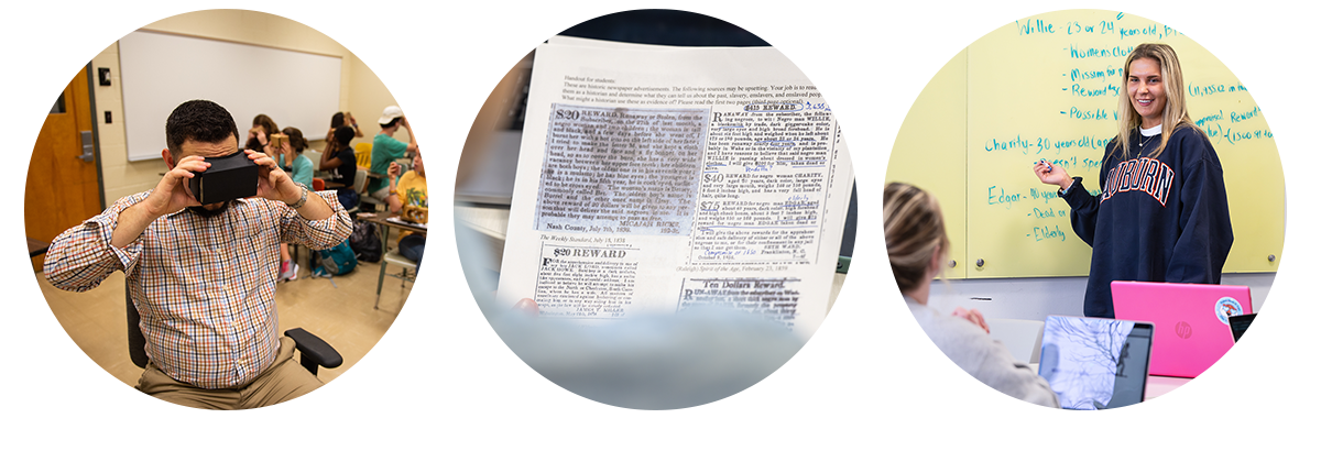A student looking through a virtual reality headset, a student reading historical source material and a student leading a group discussion in an active learning classroom