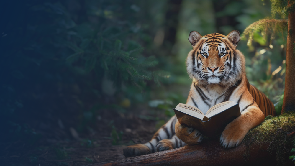 A tiger in the jungle reading a book