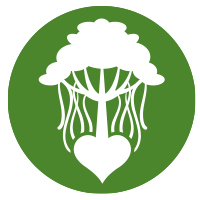 Green circle with a banyan tree and a heart below it