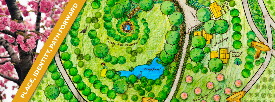 Composite image with picture of a cherry tree, a handpainted landscape design of an estate, and a gold banner that reads, &quot;PLACE, IDENTITY, PATH FORWARD&quot;