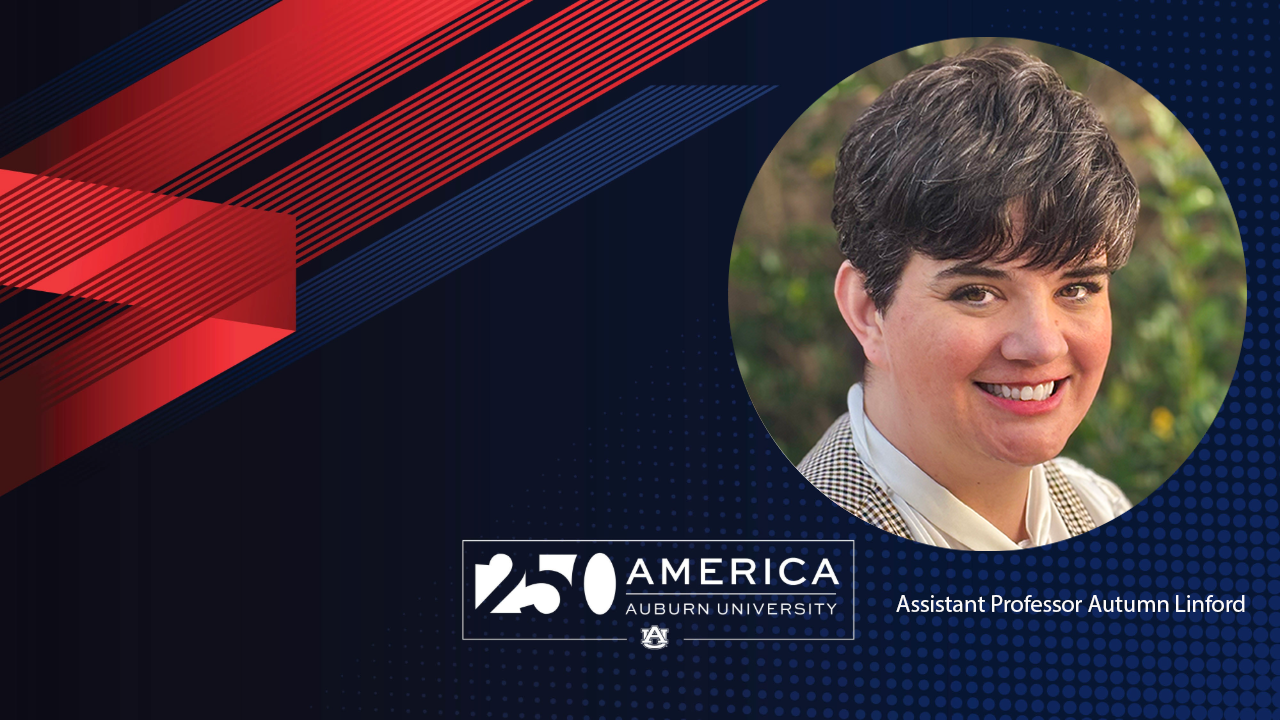 Assistant Professor Autumn Linford's photo in a 250 America red, white and blue graphic