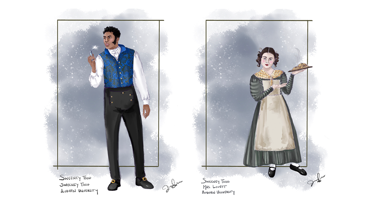 Costume design renderings for Sweeney Todd and Mrs. Lovett