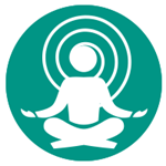 Round turquoise icon with white graphic of person in lotus pose and a spiral