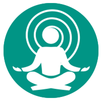 Icon of a person meditating and a spiral in the background