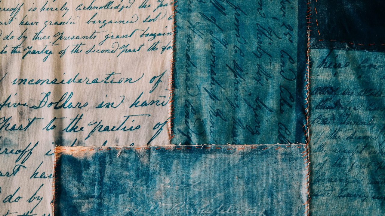 Gaddis and Finkel's sewed cyanotype pieces, stitching pieces of the Wallace Center’s history together