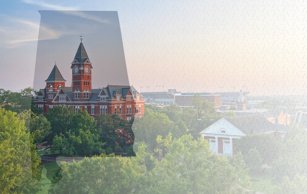 A photo of Samford Hall fills the outline of the state of Alabama and beyond into the horizon